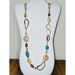 Chicos Tumbled Stone Statement Necklace Long Gold Tone vtg y2k Signed